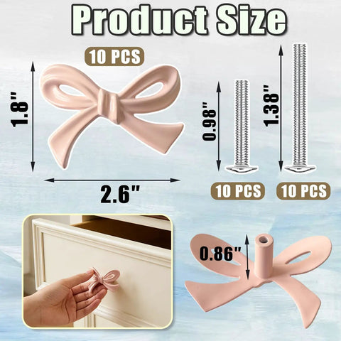 Bow Shaped Dresser Knobs 10 Pack Pink Zinc Alloy Drawer Pulls with dimensions and installation view