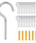 Built Like A Tank M4 X 50Mm Stainless Steel Screw Hooks, 2 Inch Heavy Duty Eye Bolts With Wall Plugs, Rust Proof Hanging Hardware For Shop Rigs And Basement Storage, 24 Pack Solid As A Rock, showing hooks and wall plugs.