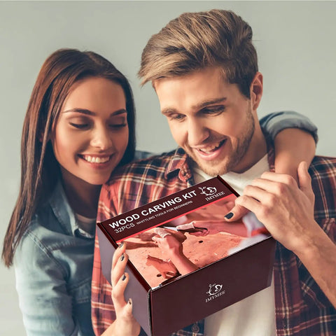 Couple smiling while holding a Deluxe Wood Carving Kit With Leather Case All In One Whittling Tools Set Featuring accessories box