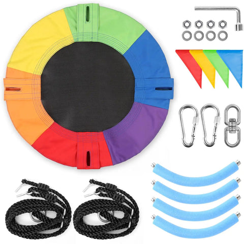 Cool Kids Saucer Tree Swing For Backyard Fun Waterproof 900D Oxford Platform Round Flying Saucer With Adjustable Ropes Safe Outdoor Swing Gear For 12 Year Olds Easy Setup And Durable Construction For Summer Play. 30in rainbow saucer and setup kit with ropes and hooks.