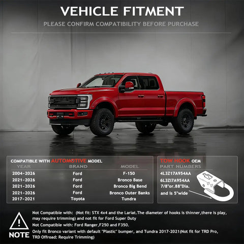 Ford F150 Tow Hook Covers Red Fits 2004-2026 displayed on a red truck indicating compatibility details.