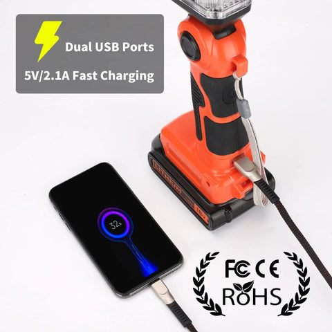 2000 Lumen LED Work Light With 20V Lithium Battery Compatibility charging phone via USB port