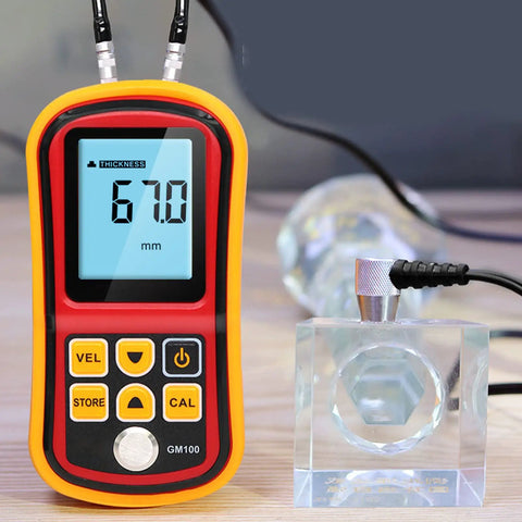 Pro Grade Ultrasonic Thickness Gauge Probe For Metal Testing With Auto Calibration Smart Sensor in use with crystal block