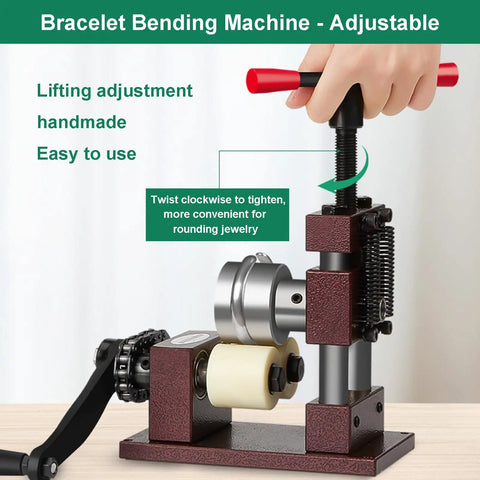 Adjustable Ring And Bracelet Bender Machine With Stainless Steel Rolling Mill For Crafting Spoon Rings And Custom Jewelry Gear shown in use, manual bending tool with red handle.