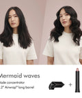 Blade Concentrator For Airwrap Styling Tool with focused airflow, showing before and after mermaid waves effect on long hair.