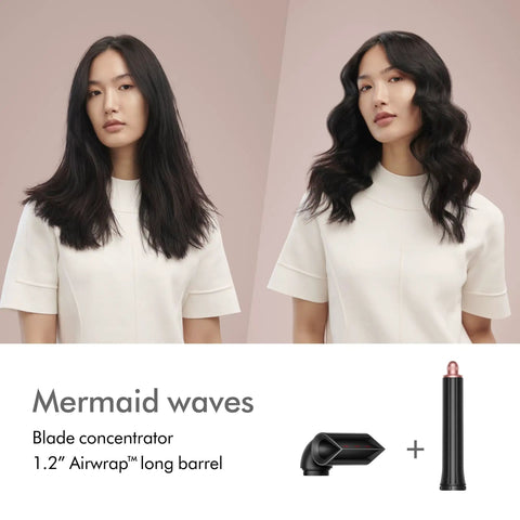 Blade Concentrator For Airwrap Styling Tool with focused airflow, showing before and after mermaid waves effect on long hair.