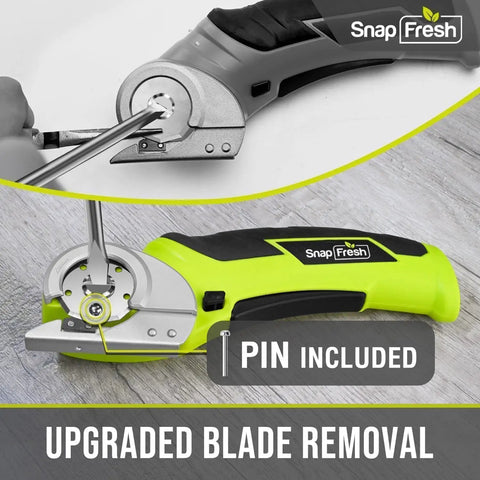 Cordless Electric Scissors 4V Mini Box Cutter With Replacement Blade And Charger For Cardboard, Carpet, Leather, Plastic, Quiet Low Noise Rotary Cutter For Packages And DIY Projects, Green, showing upgraded blade removal.