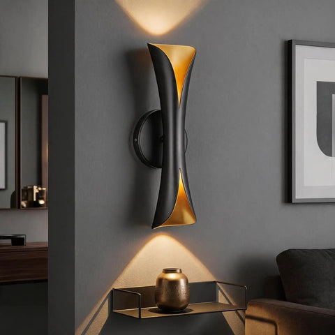 Flynix LED Indoor Wall Sconces, 5 Color Temps Dimmable Hardwired Wall Light on wall with gold and black design.