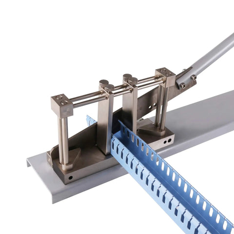 Beefy Wire Duct Cutter For Rail Duct No Fuss Tool cutting blue wire duct with clean deburring-free edges and ruler for measurements.