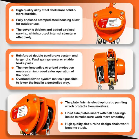 1 Ton Chain Hoist Manual Hand Lift 10 Ft Lift Steel Chain Block Hoist With 6mm Chain, orange alloy steel shell, features labeled