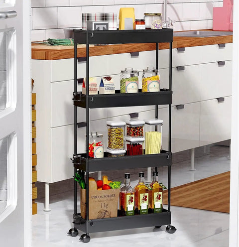 Slim Rolling Storage Cart Four Tier Organizer For Kitchen And Bathroom, Space Saving Mobile Shelving Unit