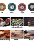 40 Piece 1 Inch Buffing Polishing Wheel Set For Rotary Tool With One Eighth Inch Shank 25mm Abrasive Wheels Brown 120 Grit Green 180 Grit Red 320 Grit Black 400 Grit For Dent Repair And Smooth Finishes. Images of usage applications in jewelry, arts, crafts, home, metal, wood.