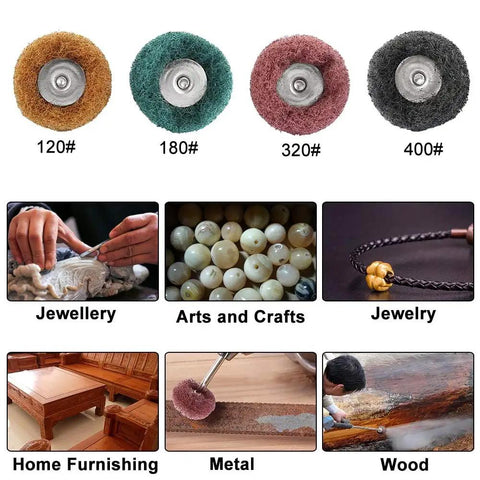 40 Piece 1 Inch Buffing Polishing Wheel Set For Rotary Tool With One Eighth Inch Shank 25mm Abrasive Wheels Brown 120 Grit Green 180 Grit Red 320 Grit Black 400 Grit For Dent Repair And Smooth Finishes. Images of usage applications in jewelry, arts, crafts, home, metal, wood.