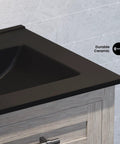 Close-up of 24 Inch Ceramic Vanity Top With Three Pre Drilled Holes In Matte Black For Top Mount Sinks, Scratch Resistant Surface