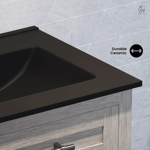 Close-up of 24 Inch Ceramic Vanity Top With Three Pre Drilled Holes In Matte Black For Top Mount Sinks, Scratch Resistant Surface