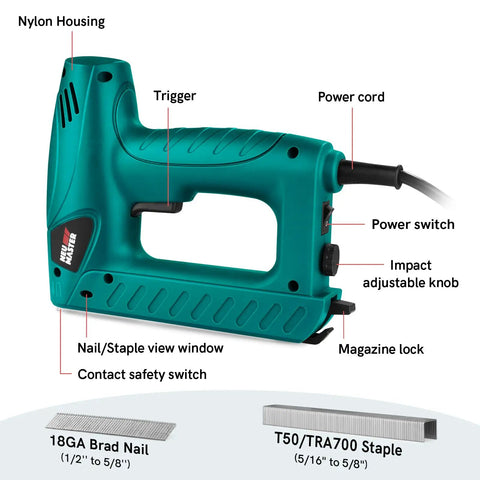 Diagram of 2 In 1 Electric Staple Gun And Brad Nailer For Light Duty Upholstery And DIY Home Projects with labels of parts.