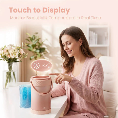 Portable Breast Milk Storage Bottle Smart Temperature Display 20 Oz Insulated Chiller Pink with smart lid showing temp
