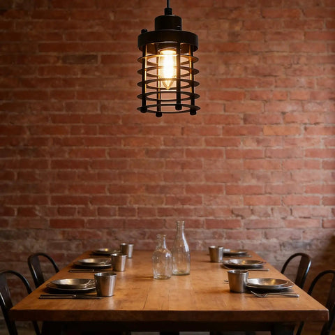 Vintage Iron Cage Pendant Light, Industrial Hanging Lamp Rustic, 47" over wooden dining table with metal dishes in a cozy setting.