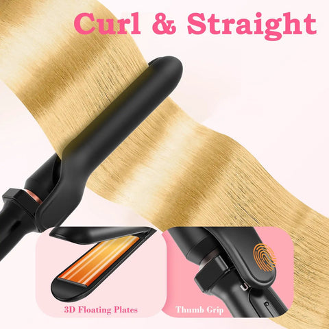 Versatile 5 In 1 Curling Iron With Interchangeable Ceramic Barrels showing curling and straightening features and thumb grip