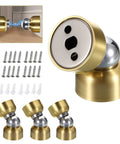 4 Pack Magnetic Door Stoppers With Screws, Heavy Duty Door Holder And Wall Mount Catcher, Stainless Steel Door Stop Keeps Doors Open, Built Tough For Bedroom And Bathroom, Gold Finish; includes gold finish stoppers, screws, and installation view.