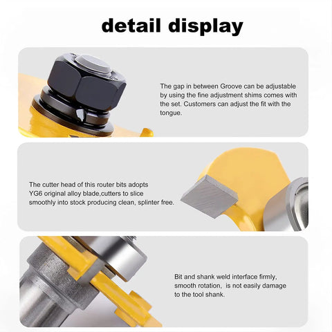 Detail display showing Top Pick 1/2 Inch Shank Tongue And Groove Router Bit Set for adjustable woodworking use.