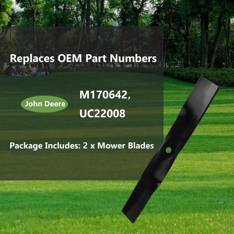 Replacement John Deere UC22008 Lawn Mower Blades 42 Inch Deck For X330 X350 X354 X370 Z335E Z335M Z345M Z345R shown on grass