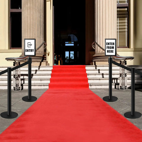 Retractable Belt Stanchions 3 Pack for Crowd Control Barriers With Ropes and Poles Black Six Point Six Feet Tall Durable Stainless Steel Posts With Sign Frame Holder by red carpet entrance
