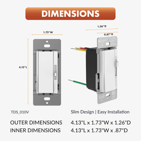 Modern White 3-Way Single Pole 0-10V Dimmer Switch For Led Drivers And Fluorescent Ballasts dimensions showing 4.13"L x 1.73"W x 1.26"D.