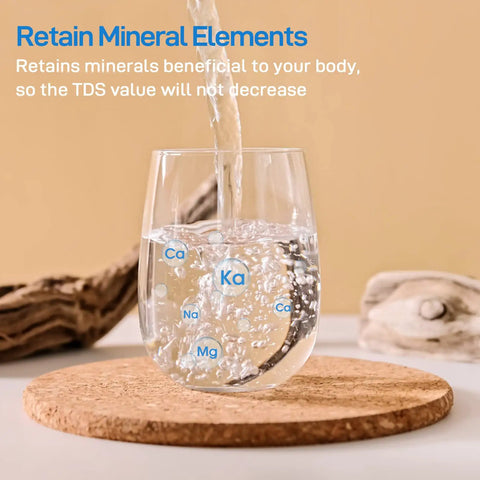 Certified Replacement Filter For OM-CF02 And OM-CF04 Countertop Water Filter pouring mineral-rich water into glass
