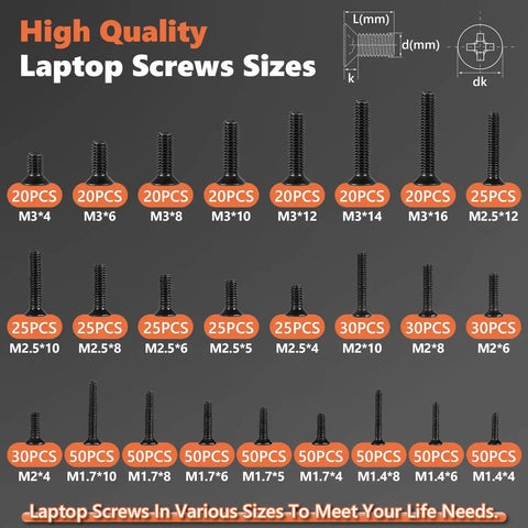 810Pcs Black Laptop Screw Kit For Notebook Computers With Carbon Steel Flat Head Phillips Screws In Sizes M1.4 M1.7 M2 M2.5 M3 Replacement Assortment For Quick Laptop Repairs And Upgrades