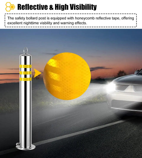 Tough As Nails 304 Stainless Steel Safety Bollard Post Concrete Floor Mounted Barrier Pole With Complete Install Kit Beater Proof Access Control Guard For Driveway And Parking Protection with reflective tape for visibility.