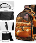 Fall Farmer Pumpkin Barn Printed Unisex Backpack with handle, shoulder strap, double zipper, and side pockets.