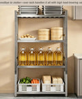 Straight Up Sturdy Stainless Steel Shelving Rack With Adjustable Anti Slip Feet For Multi Tier Kitchen Organization And High Capacity Open Grid Storage Setup That Never Sags filled with jars, trays, and vegetables.