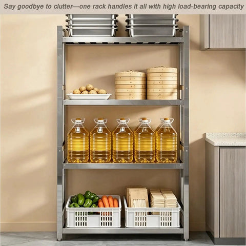 Straight Up Sturdy Stainless Steel Shelving Rack With Adjustable Anti Slip Feet For Multi Tier Kitchen Organization And High Capacity Open Grid Storage Setup That Never Sags filled with jars, trays, and vegetables.