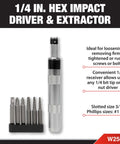 One Quarter Inch Impact Driver And Extractor Kit With Bits For Stubborn Screws And Rusted Bolts Universal Receiver Durable Black Finish Workhorse Tool For Auto Home Or Shop Repairs