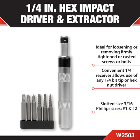 One Quarter Inch Impact Driver And Extractor Kit With Bits For Stubborn Screws And Rusted Bolts Universal Receiver Durable Black Finish Workhorse Tool For Auto Home Or Shop Repairs