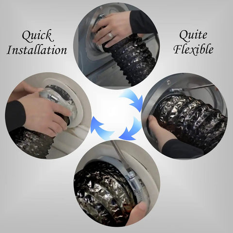 Hands demonstrating quick installation of 4 Inch Dryer Vent Hose 10 Feet Flexible PVC Duct For HVAC Ventilation Built Tough Three Layer Aluminum Foil Construction Fire Resistant Safe To Use Durable Air Duct With Two Hose Clamps