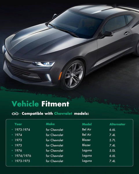 Gray Chevrolet sports car with vehicle fitment chart showing compatibility for alternator models, front-side view.