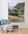 Steam Locomotive Train Wall Tapestry Print, Dope Vintage Train Decor, room display with sofa, Lightweight Polyester Fabric Wall Hanging