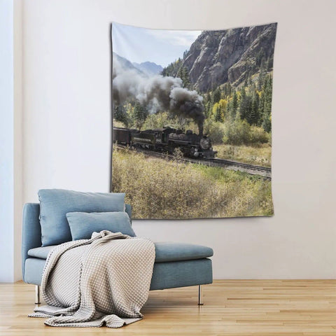 Steam Locomotive Train Wall Tapestry Print, Dope Vintage Train Decor, room display with sofa, Lightweight Polyester Fabric Wall Hanging