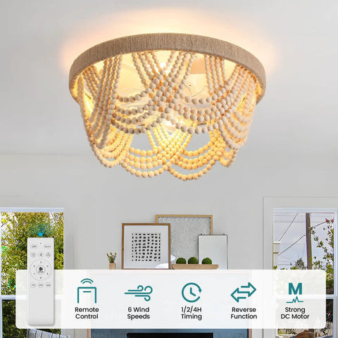Stylish Boho Fandelier Ceiling Fan With Built In Light And Wireless Remote Six Speeds Low Profile Flush Mount Wood Beaded Detail