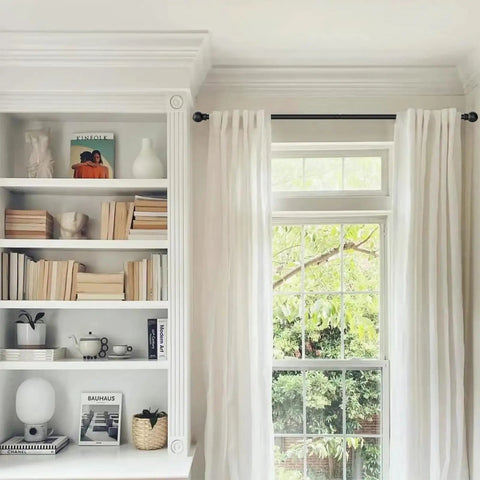 Five Eighth Inch Curtain Rod Set For Windows 32 To 48 Inches Matte Black Heavy Duty Splicing Curtain Rod With Brackets Installed above window with white curtains