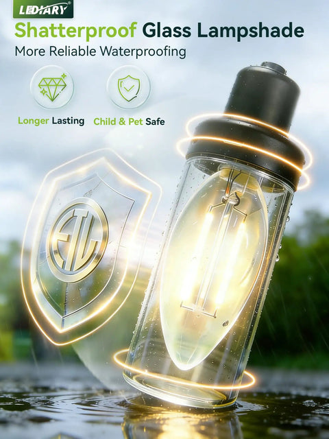 Shatterproof glass lampshade showcasing reliability with waterproof design, featuring LED light inside, outdoors.