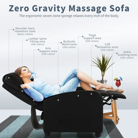 Woman reclining in Massage Recliner Chair With Footrest In PU Leather Plush Padded Wide Seat Wingback Sofa For Living Room