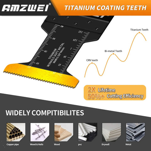 AMZWEI 50pc titanium curved-edge oscillating blades for metal/wood/plastic; quick-release.