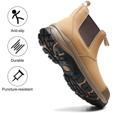 Mens 6 Inch Steel Toe Slip On Work Boots Chelsea Waterproof Safety Footwear Heavy Duty showcasing anti-slip rubber outsole.