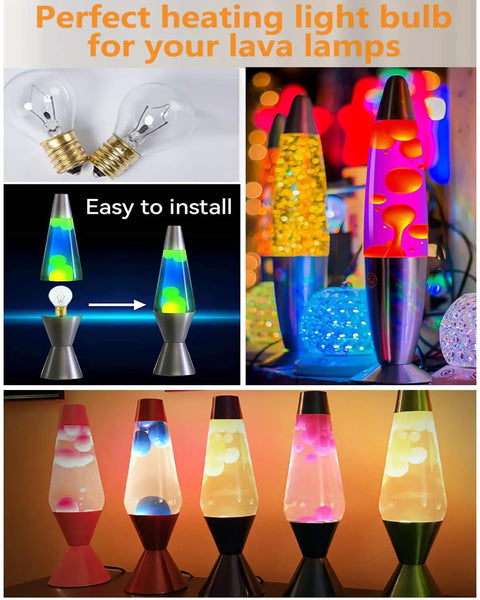 25 Watt Replacement Bulbs For 14.5-Inch Lava Lamps lit and installed in various colored lamps.