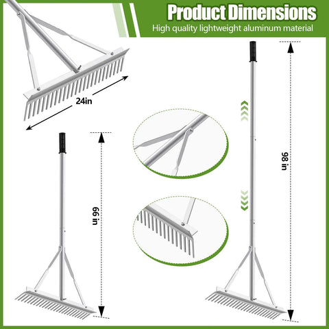 Aluminum Maintenance Rake With 24 Inch Head And 66 To 98 Inch Adjustable Handle Ideal For Baseball Field Garden Lawn And Landscape Cleanup, Rustproof and Lightweight