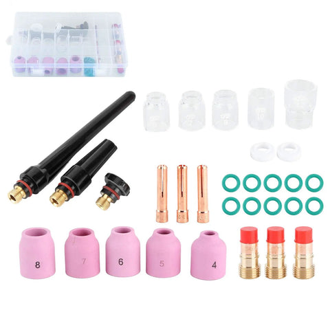 Ultimate 31Pc TIG Welding Nozzle Kit With Ceramic Torch Gas Lens Tips, nozzles, and seals for WP-17 18 26 guns.