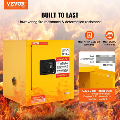 Flammable Storage Cabinet Galvanized Steel With Double Wall Construction 17 By 17 By 18 Inches Adjustable Shelves Rugged No Nonsense Storage For Shop Industrial And Home Use, front view with safety labels.